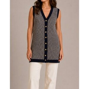 Vilagallo Navy White Geometric‎ Longline Knit Sweater Vest Star Buttons M 30500